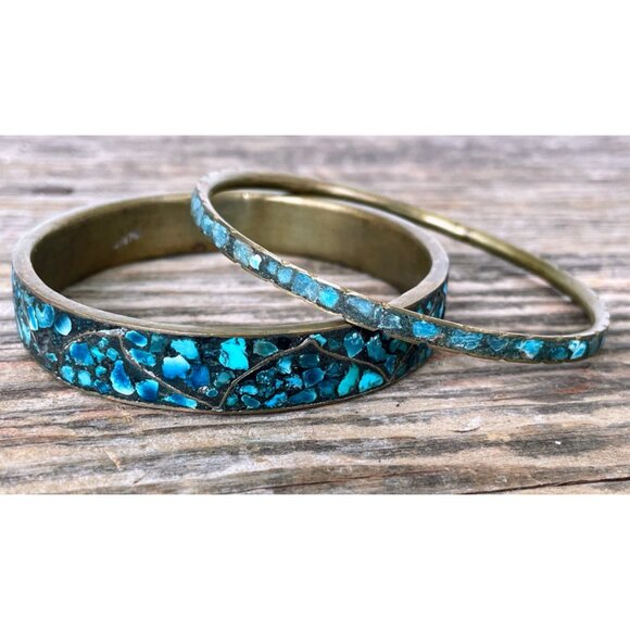 Vintage 1960s Crushed Blue Turquoise India Brass Bangle Bracelets - Picture 13 of 14